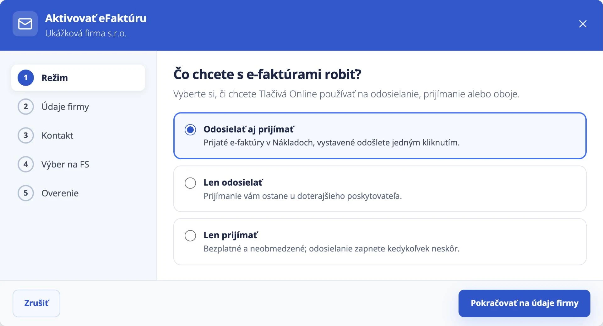 Sprievodca aktiváciou eFaktúry, krok Režim: výber Odosielať aj prijímať, Len odosielať alebo Len prijímať