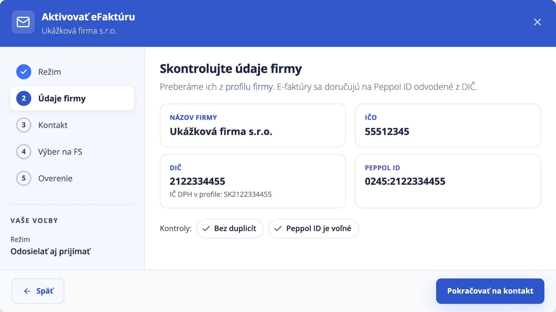 Sprievodca aktiváciou eFaktúry, krok Údaje firmy: názov, IČO, DIČ a Peppol ID s kontrolami