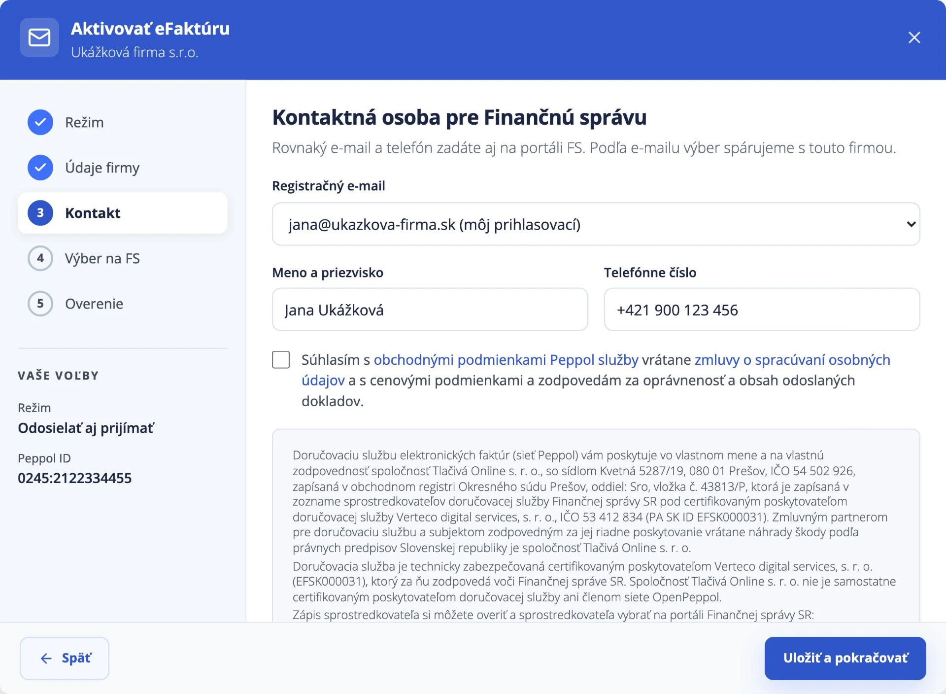 Sprievodca aktiváciou eFaktúry, krok Kontakt: registračný e-mail, meno a telefón pre Finančnú správu