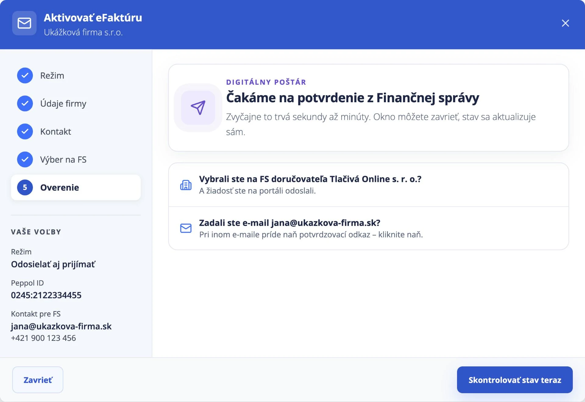 Sprievodca aktiváciou eFaktúry, krok Overenie: čakáme na potvrdenie z Finančnej správy