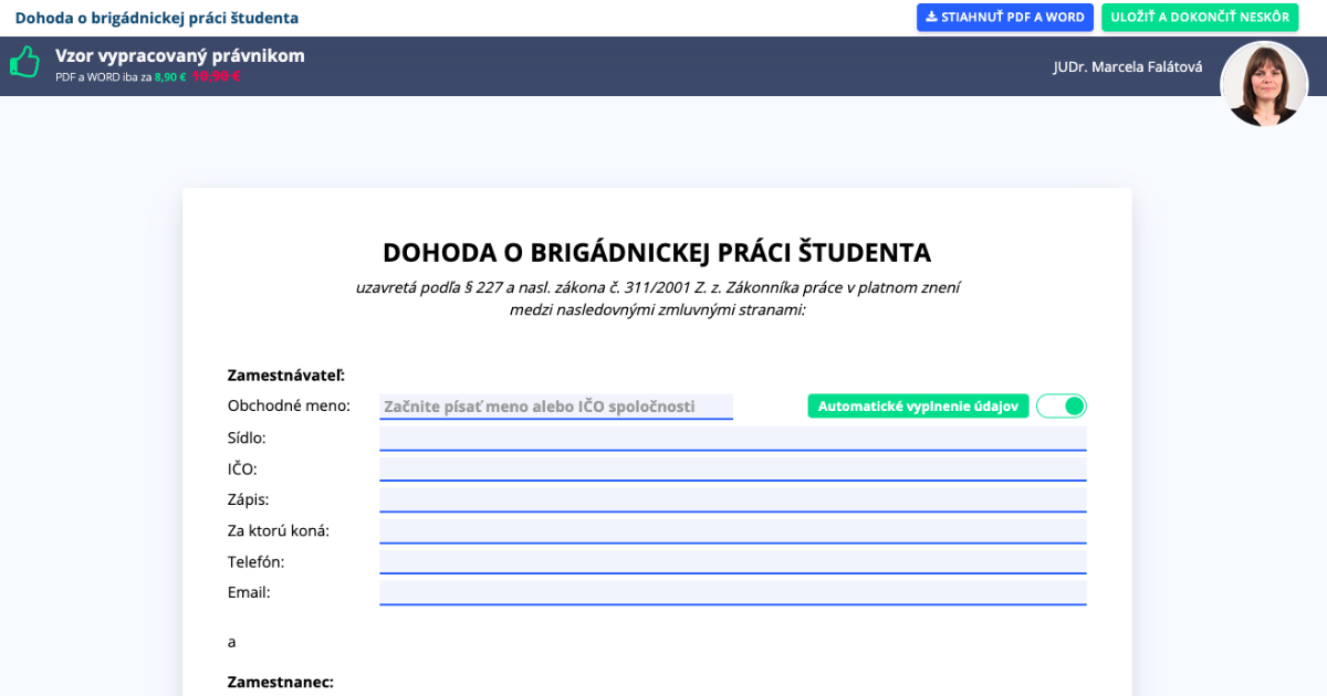 DOHODA O BRIGDNICKEJ PRCI TUDENTA 2023 - Vzor od prvnika